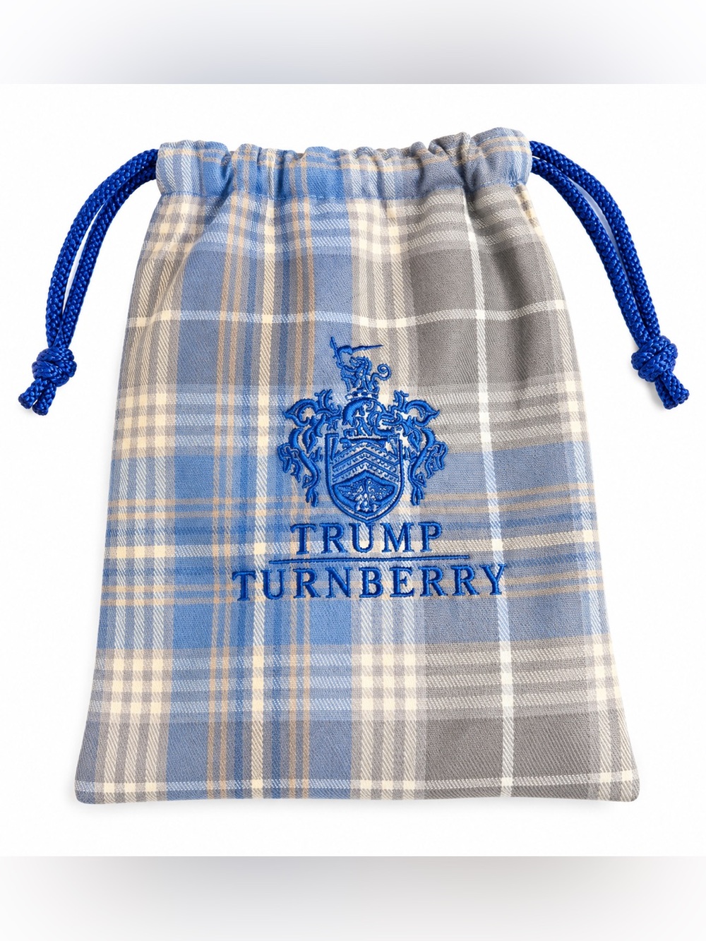 Trump Turnberry tartan drawstring bag blue embroidered crest blue rope ties.